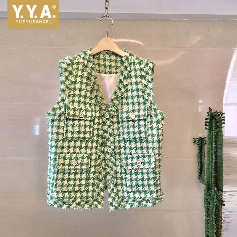 

Женская твидовая винтажная короткая куртка без рукавов, модный жилет в клетку с V-образным вырезом и бахромой, Офисная безрукавка с нескольк...