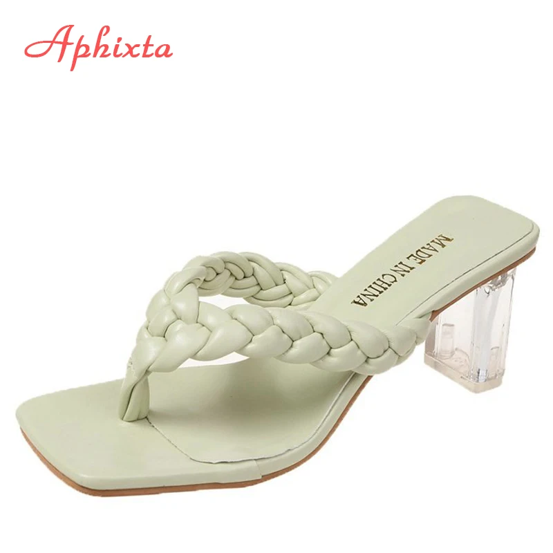 

Шлепанцы Aphixta женские на прозрачном квадратном каблуке 8 см, кожаные сандалии с плетеным шнурком, зеленые, лето 2022