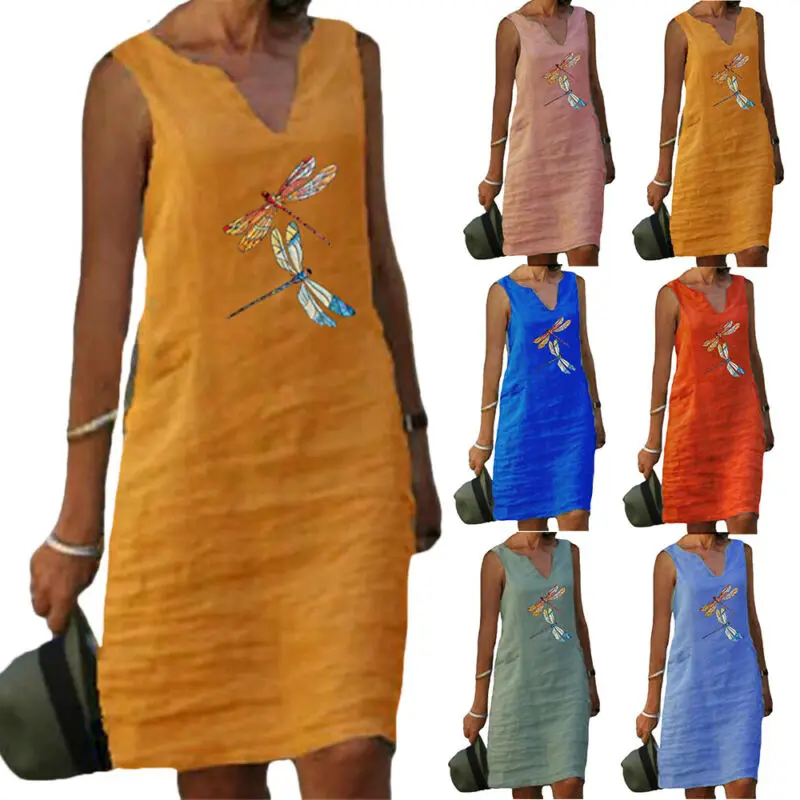

Trevor NEW Womens Summer Tank Dragonfly Dress Kaftan Ladies Casual Sleeveless Plus Size