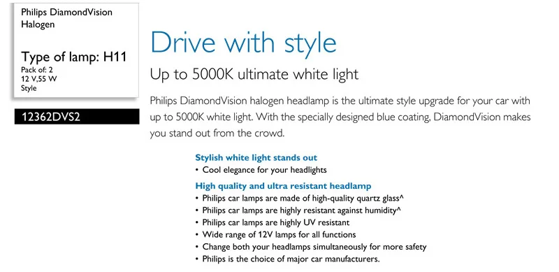 Philips H11 12V 55W Diamond Vision 5000K автомобильный галогенный головной светильник Автомобильная противотуманная фара ксеноновые лампы белого света Genuin 12362DVS2, пара