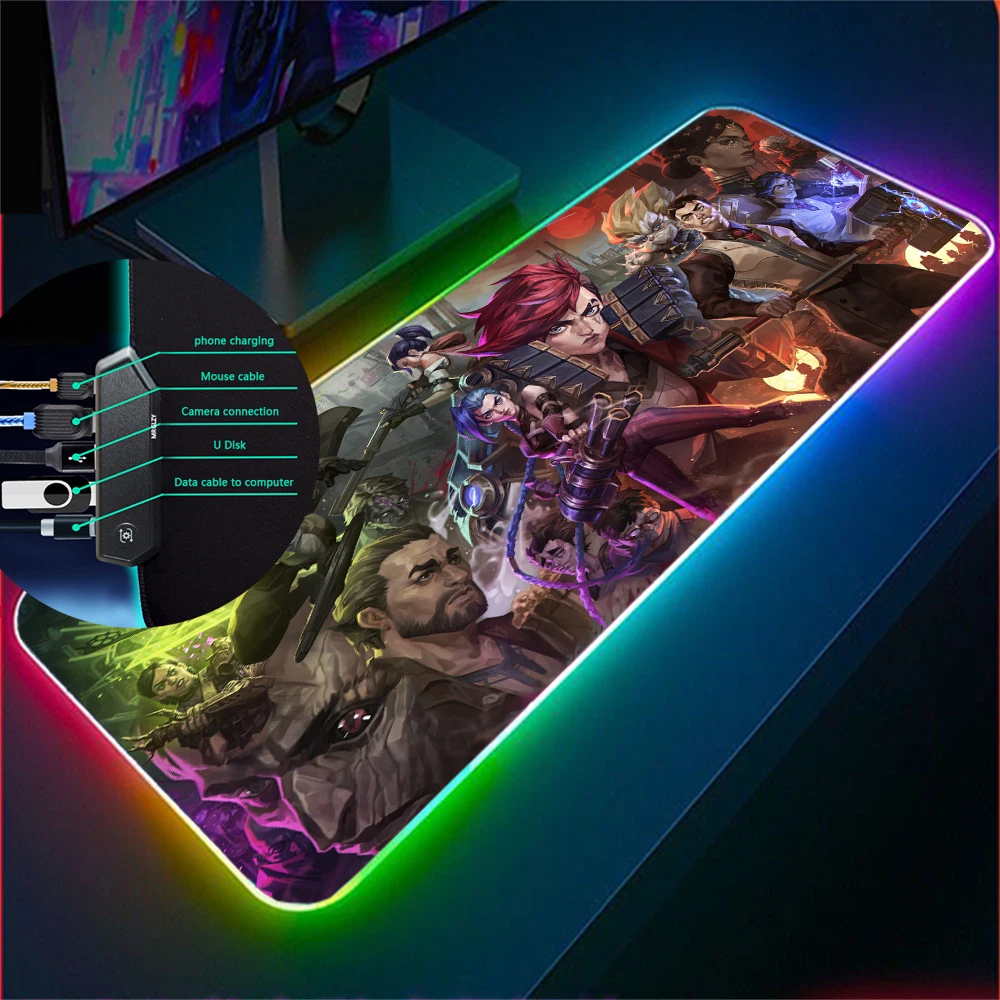

Концентратор ПК 4 в 1 USB LOL Настольный коврик Лига Легенд Jinx Jayce Vi пользовательский RGB ковер Arcane супер мягкий игровой коврик для мыши со светоди...