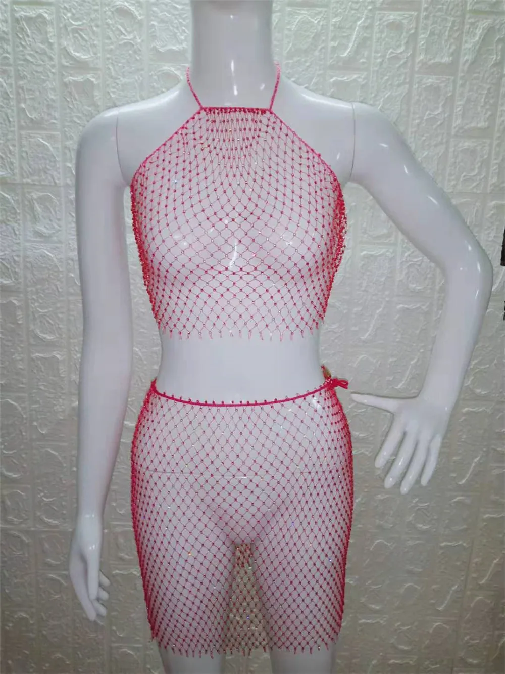 PARAKINI Sparkly Crystal Diamonds Bikini Beach Women Dress Beach Cover Up Dresses Fishnet Cropped Top Two Pieces Set Beach Dress