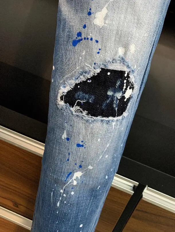 men jeans Authentic Classic Dsquared2 Mens Stretch Paint Ripped Holes Skinny Jeans, Blue Stitching Skinny Jeans, 9807