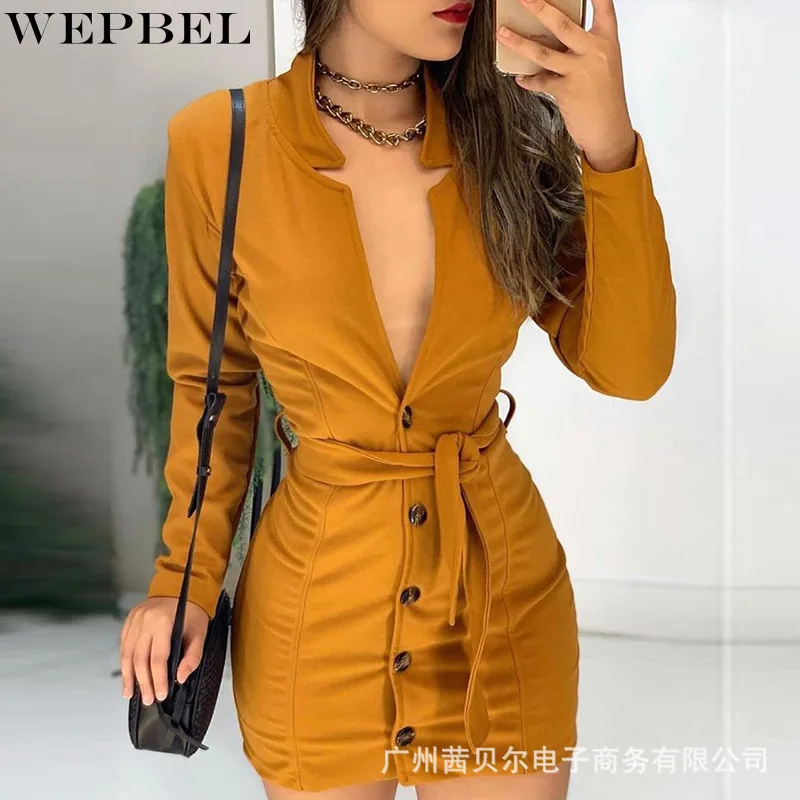 

WEPBEL Women Elegant Skinny Bodycon Dress Ladies Sexy Long Sleeve V Neck Single Breasted Lace Up Pencil Dress