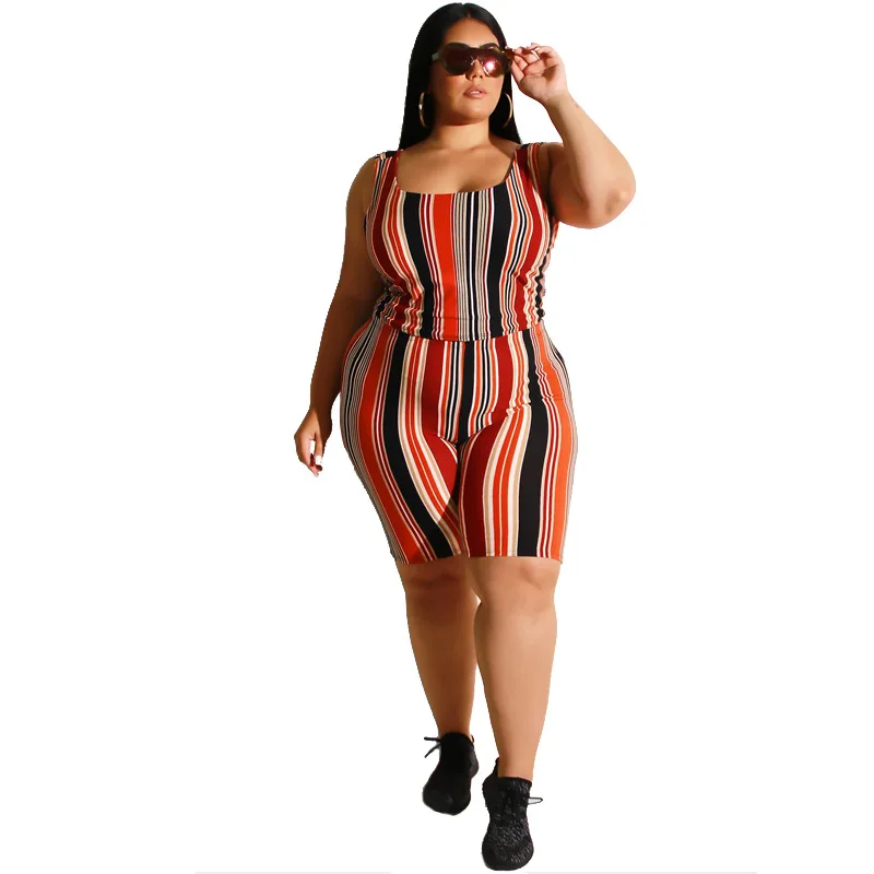 

Plus Size Striped Women Tracksuit Sleeveless Crop Top And Bodycon Shorts 2 Piece Set Workout Sporty Suits Female Casual Clothing