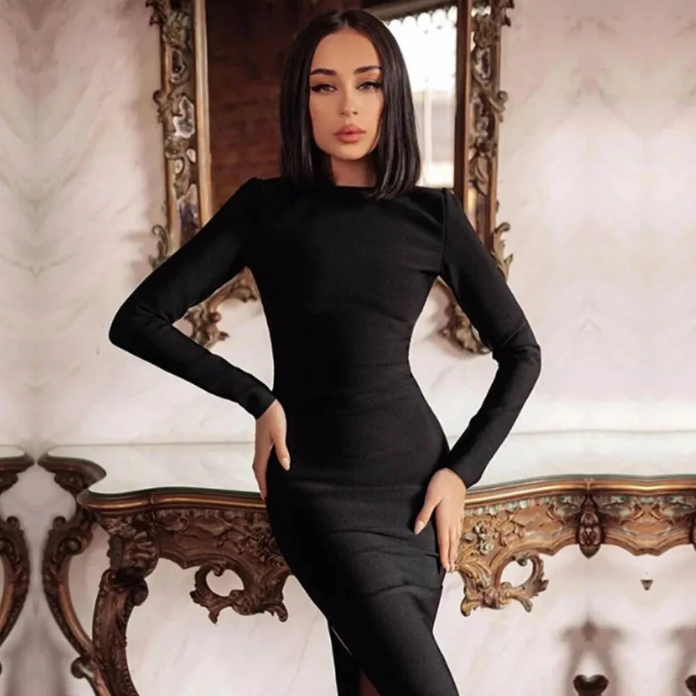 

Ailigou 2020 New Winter Long Sleeve Green Runway Bandage Dress Women Sexy Hollow Halter Club Celebrity Party Dress