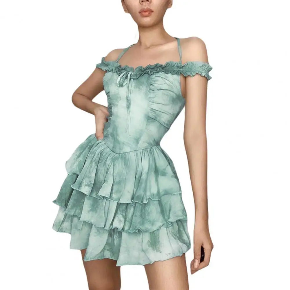 

Women Summer Dress Off Shoulder Low Neck 3 Colors Ladies Lacework Neckline Dress for Dating Fashion Cake Layer Hem Beach Dress