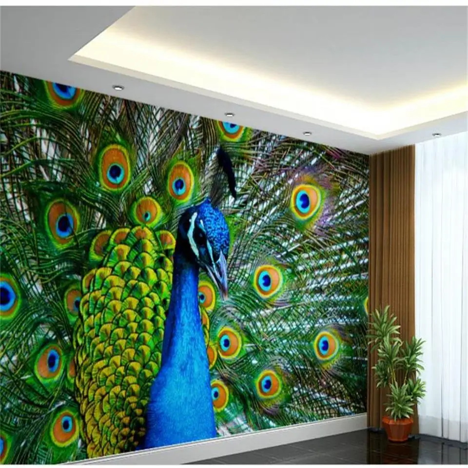 

Custom 3D Photo Wallpaper Mural Room Sofa TV Backdrop Mural Living room Green Peacock and Golden Peacock 3d Picture Wallpaper
