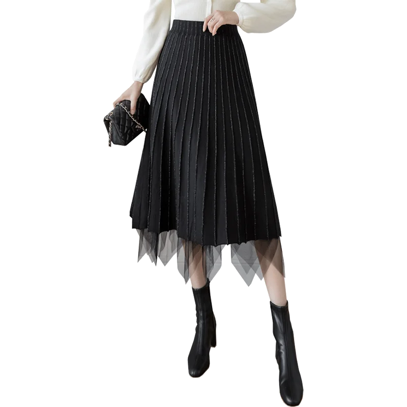 

Knitted skirt female 2021 spring new double-sided mid-length mesh skirt a-line wool mid-length skirt