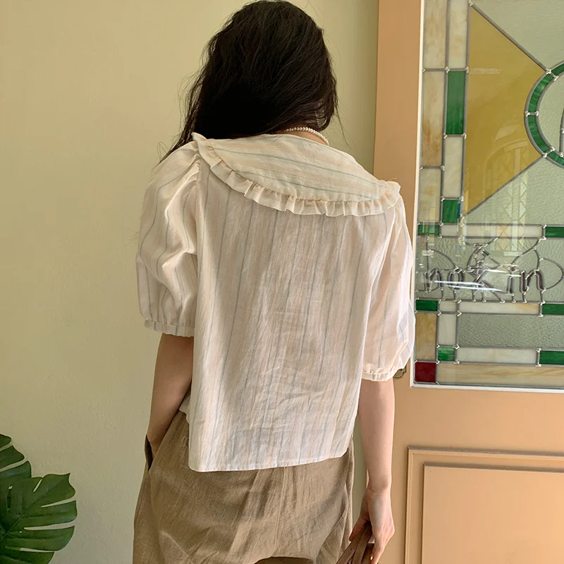 

Woman Shirts Summer New French Sweet Ruffles Peter Pan Collar Blouse Design Short Sleeve Striped Women Tops Office Ladies Blusas
