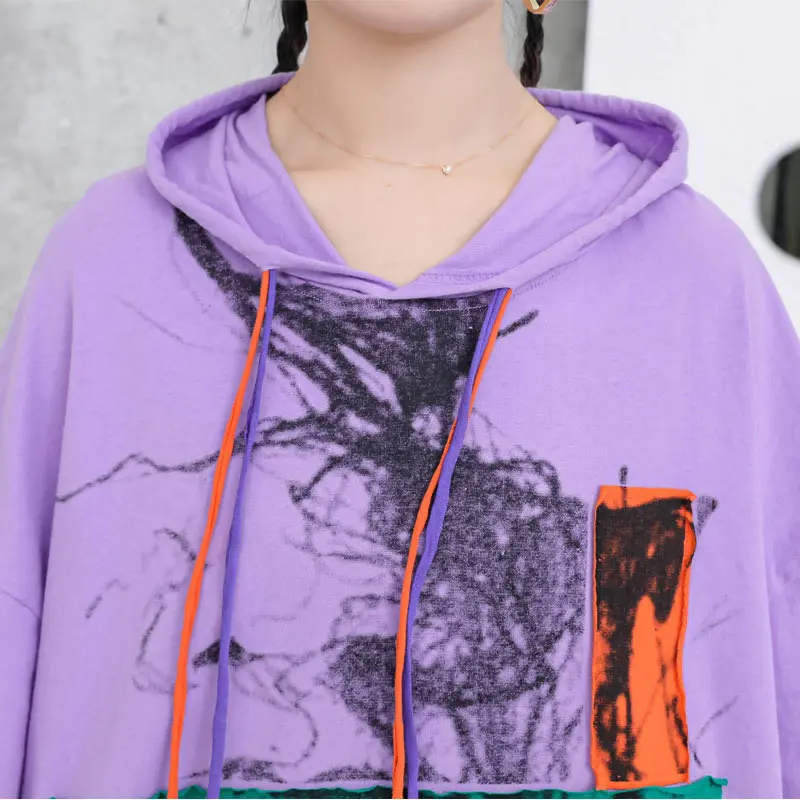 

XITAO Print Pattern T shirt Fashion New Women Drawstring Pullover 2021 Spring Autumn Patchwork Casual Style Loose Tee ZY6105