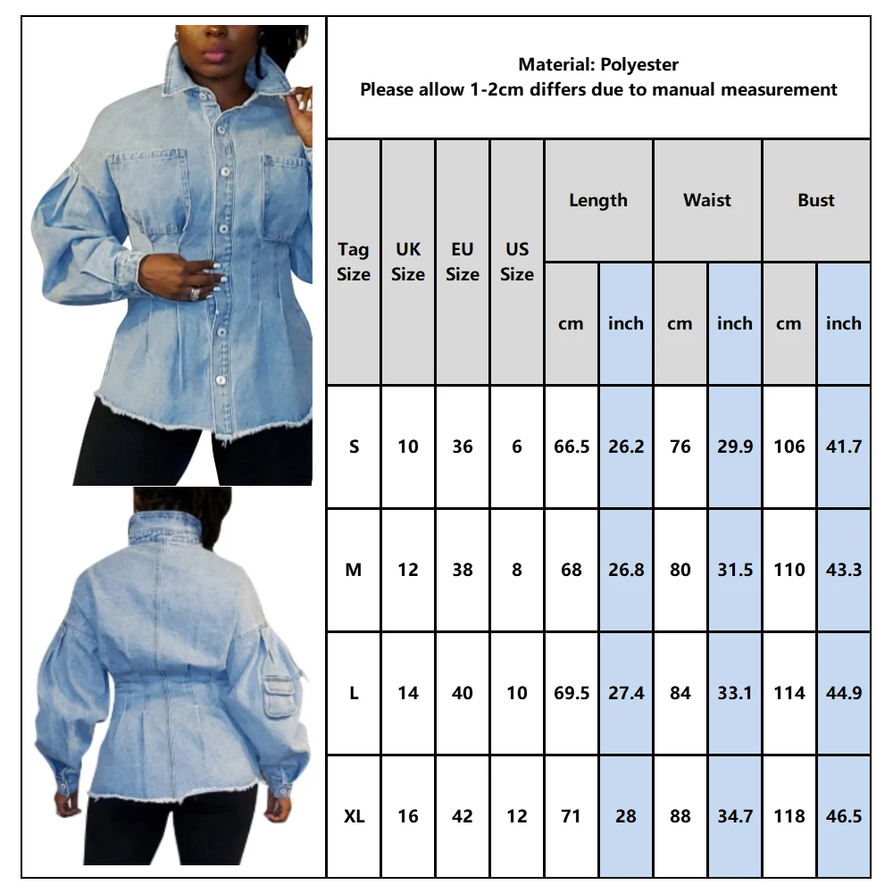 

2021 Fashion Denim Wear Turn-down Collar Blouse Female lantern Sleeve Long Sleeve Shirt Streetwear Coat lantern Sleeve Shirt
