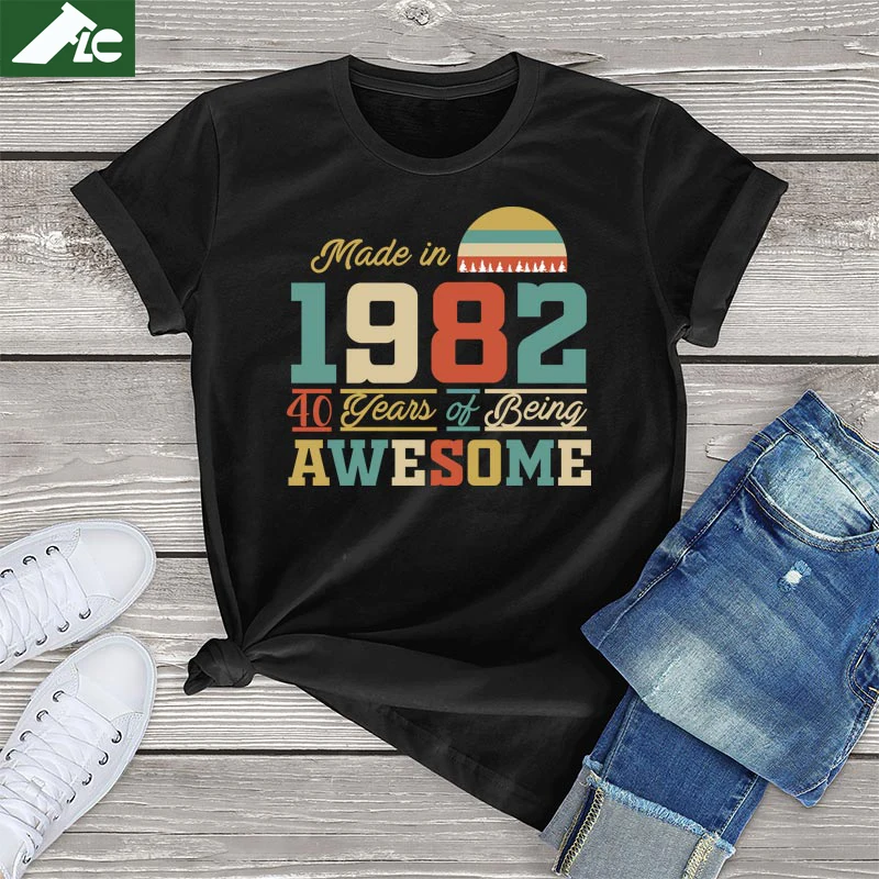 FLC 100% Cotton 1982 Tops 40 Years of Being Awesome 40th 50th Birthday Gifts Women T Shirt Men Casual Graphic Female T Shirt 3XL