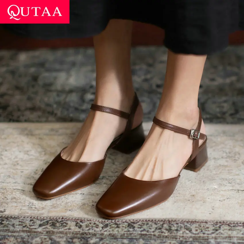 

QUTAA 2021 Women Sandals Casual Square Toe Summer Female Pumps Genuine Leather Square Heel Basic Ladies Shoes Big Size 34-43