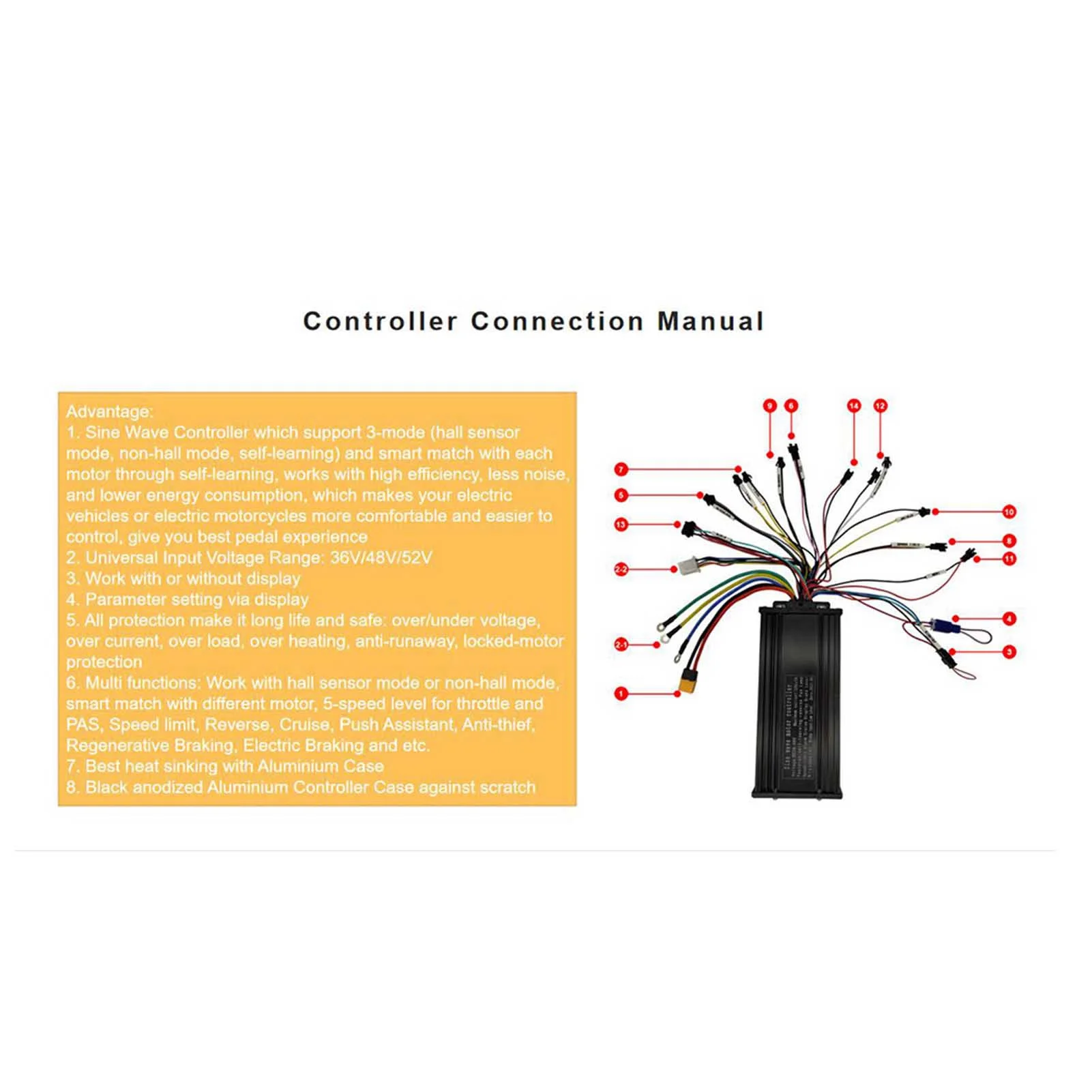 36V-52V Универсальный контроллер мотора 35A 1000W-1500W 3-режимный синусоидальный электровелосипед для электрического велосипеда черный.