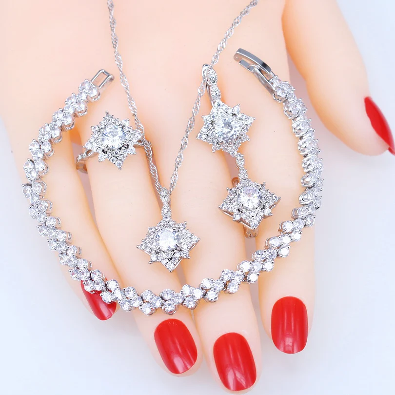 Свадебные белые циркониевые серебряные 925 Ювелирные наборы женские серьги