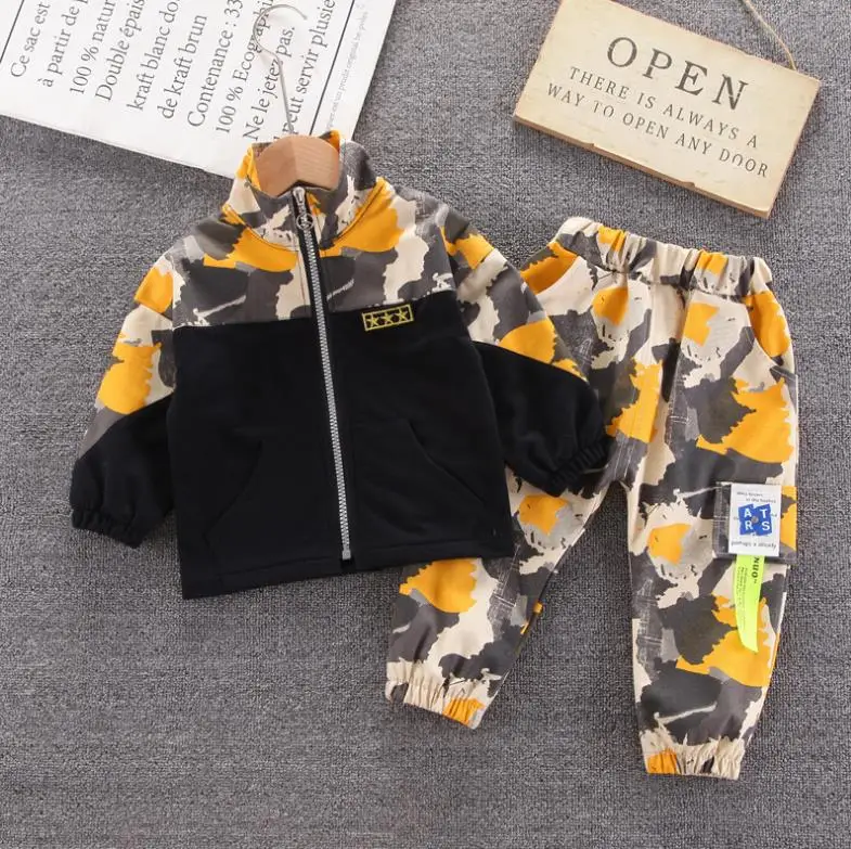 

Toddler baby Kids Tracksuit Boys Girls Long Sleeve Letter Zipper Camouflage jacket+pants 2pcs set casual Infant Clothes sets