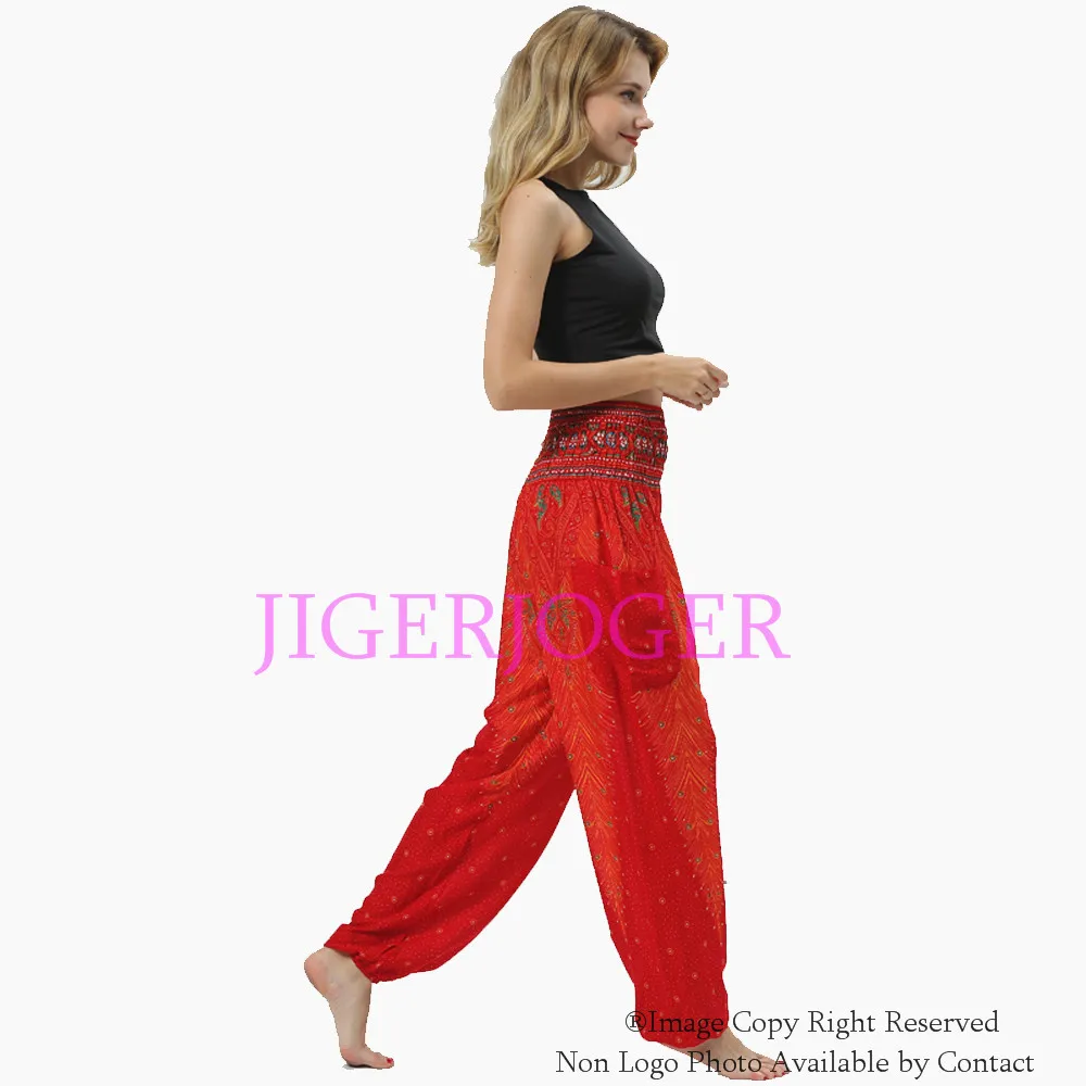 

JIGERJOGER хлопковые прямые шаровары с красным павлиньими перьями с карманами высокий пояс для тренажерного зала пляжа йоги Леггинсы Бесплатна...