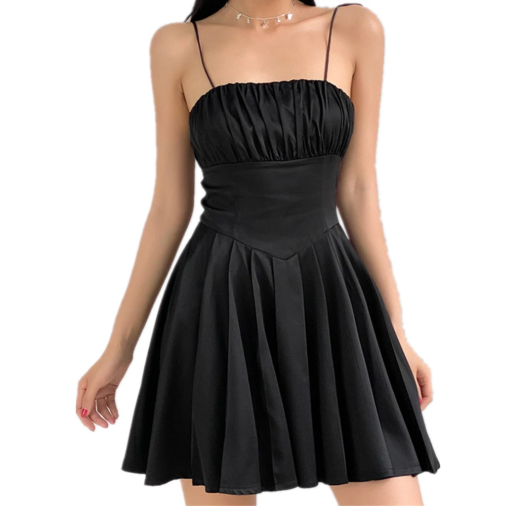

2021 Sexy Party Slim Black Dress Women Fashion A-Line Ruffled Solid Suspender Mini Dress Summer Vintage Pleated Sundress