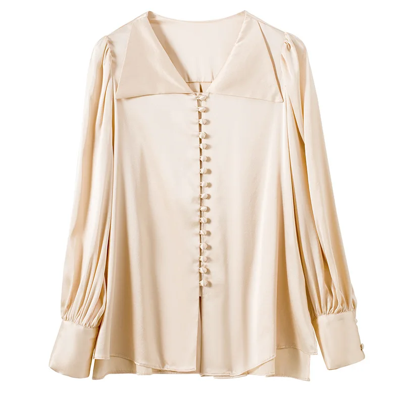 

Office Lady Style Elegant Silk Blouses and Tops 2020 Spring Autumn New Arrival Front Buttons Through Long Sleeve OL Shirts