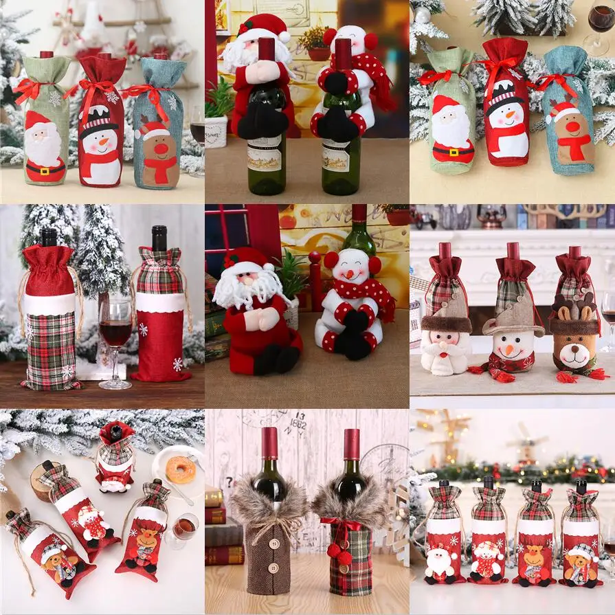 Льняной ткани Рождество крышка бутылки вина Санта Клаус Подарочный пакет