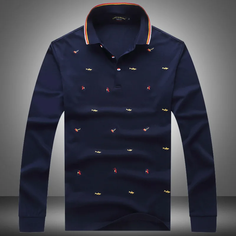

High Quality Casual Long Sleeve Business Men's Stand Collar Striped Polo Shirts 2020 Autumn Fashion Shark Brand Cotton Clothing