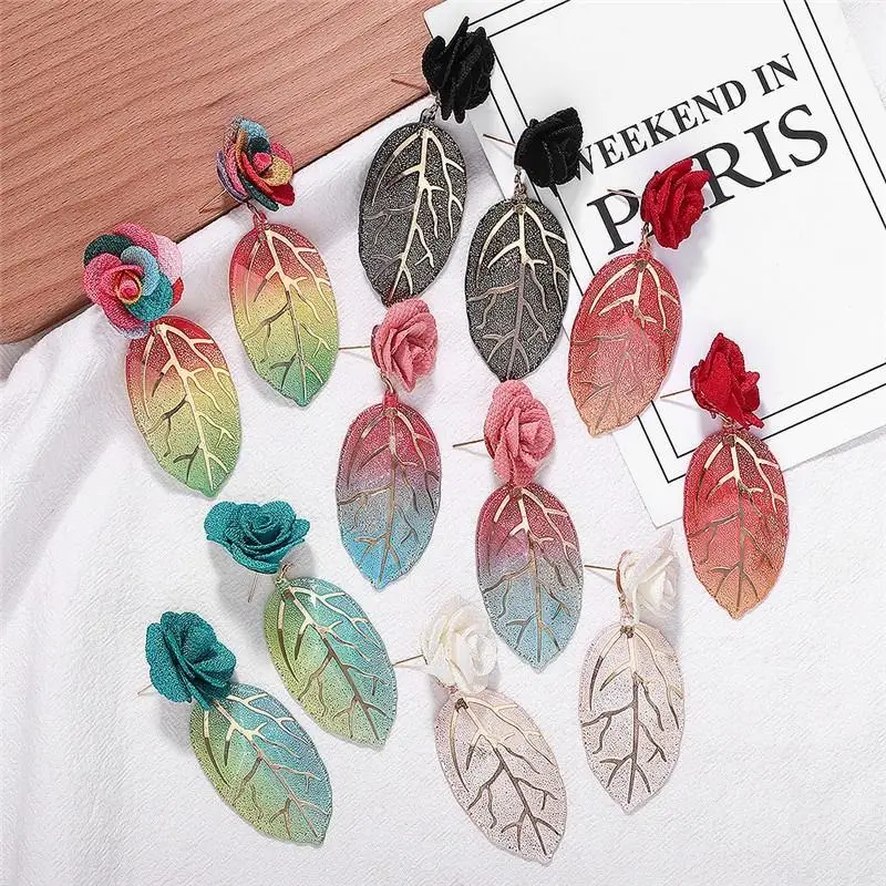 Висячие серьги с большим цветком в виде листьев эффектные окрашенные для женщин