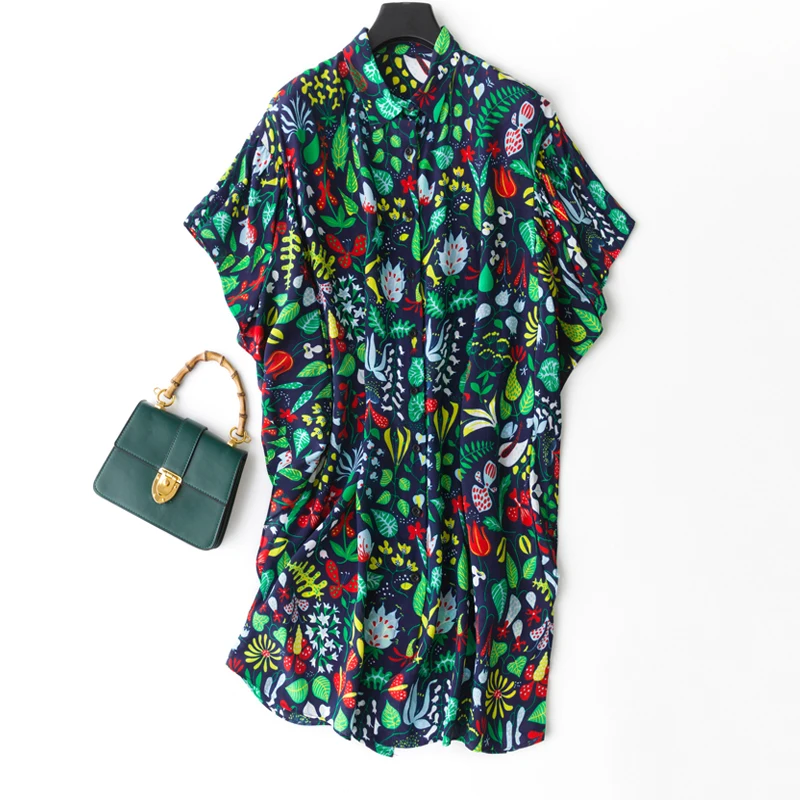 

Женское Короткое платье-рубашка из 100% чистого шелка с рукавом «летучая мышь»