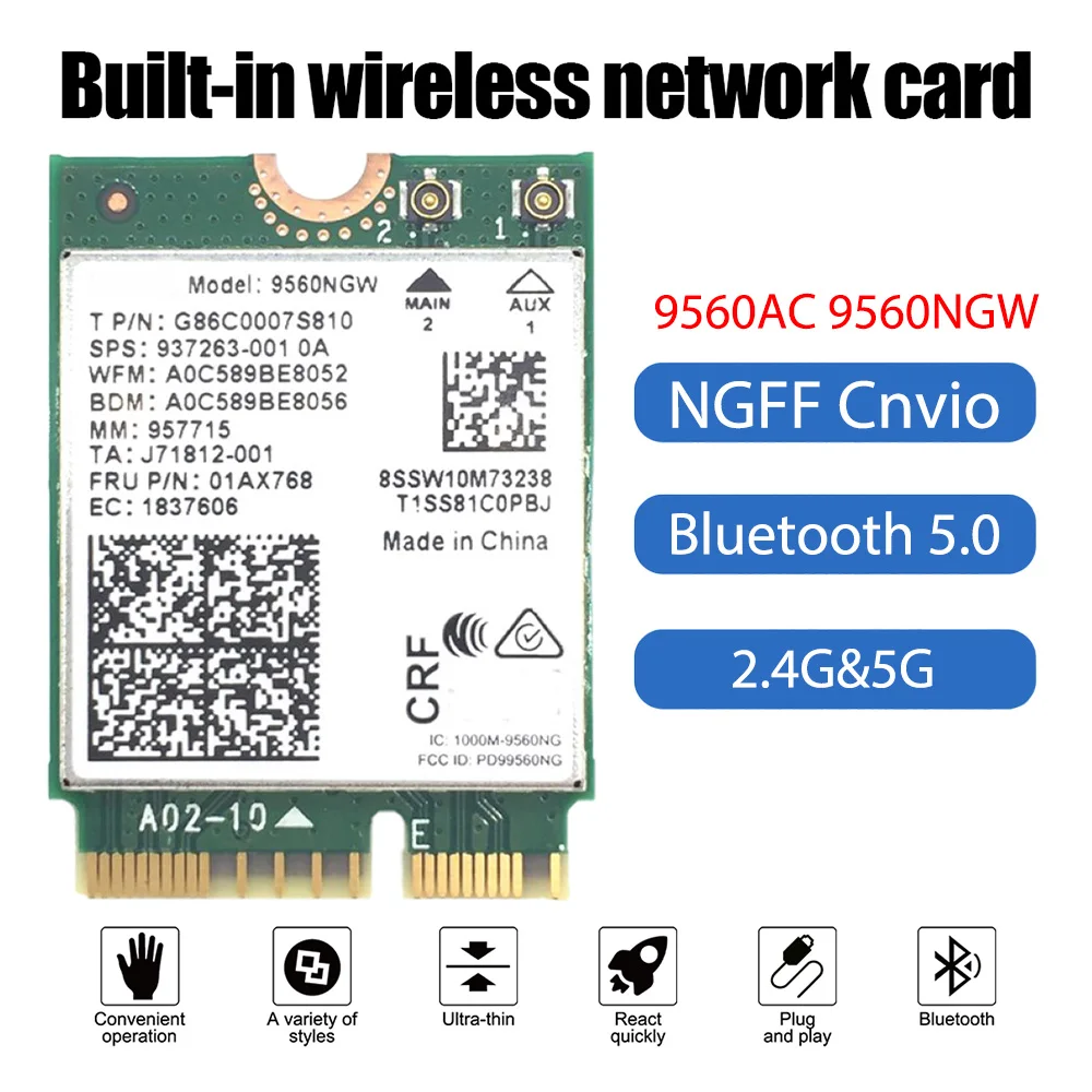 

9560AC 9560NGW NGFF Cnvio Wireless Network Card 1.73Gbps Dual Band 5G Bluetooth 5.0 MU-MIMO Internal Adapter Card