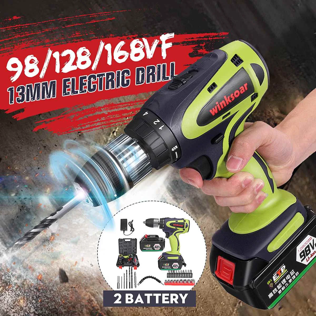 

98/128/168V 13MM Brushless Cordless Drill 2pcs 19800mah Rechargeable Battery With Impact Function Mini Electric Power Tools