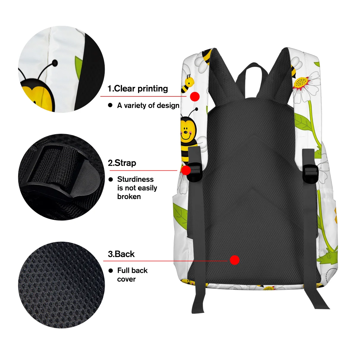 WHEREISART Bee Cartoon Backpacks Night Light Reflective College Notebook Backpack Scratch-Resistant Business Daypack | Багаж и сумки