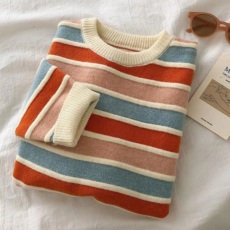 

Fashion Striped Women Pullover Sweater Casual O Neck Pullover Autumn Loose Multi Color Knitted Jumper Female Winter Tops