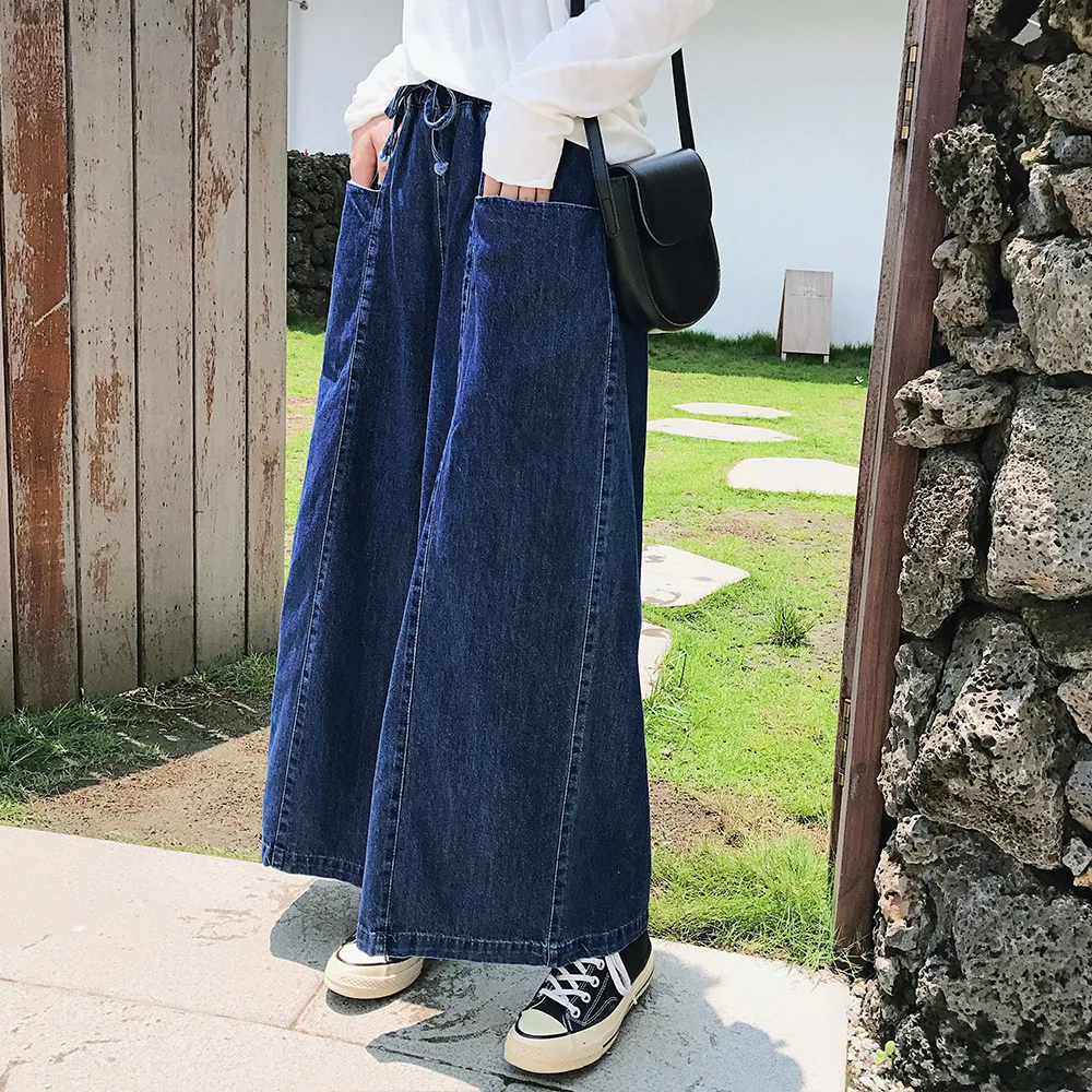 QING MO Denim Women Pants Blue Solid Wide Leg 2019 Autumn High Waist Casual Style Quality ZQY1502 |
