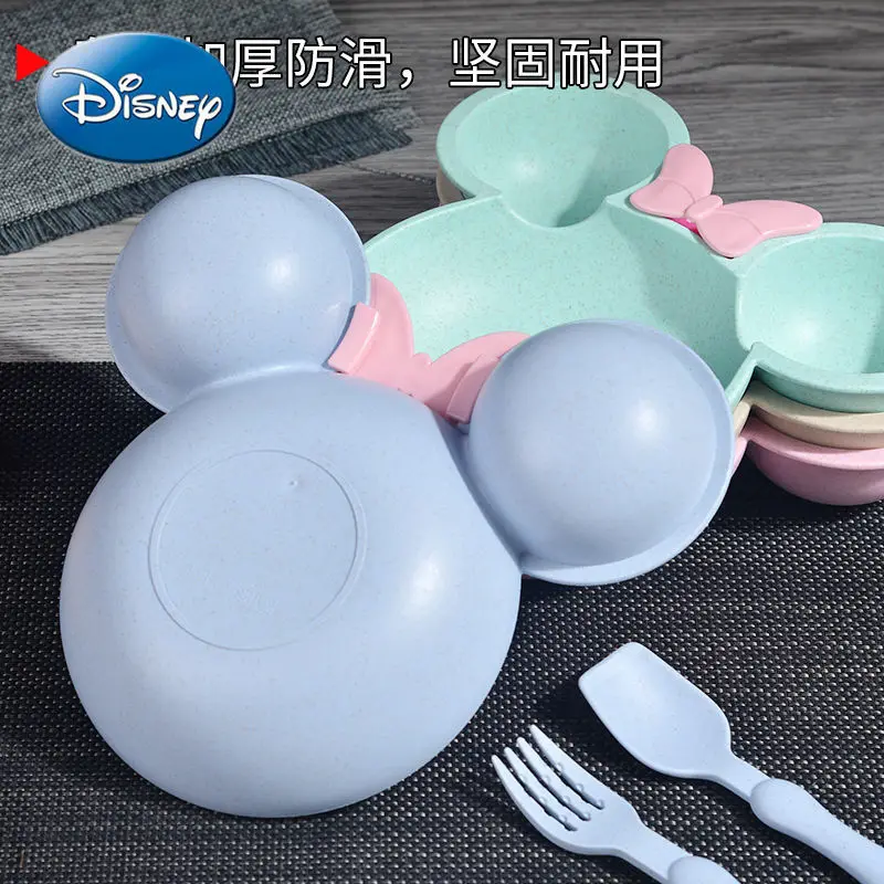 

Disney Mickey Mouse Minnie Wheat Spoon Three Piece Set Household Children's Cutlery Cute Cartoon Grid Plate Fork Spoon Dishes