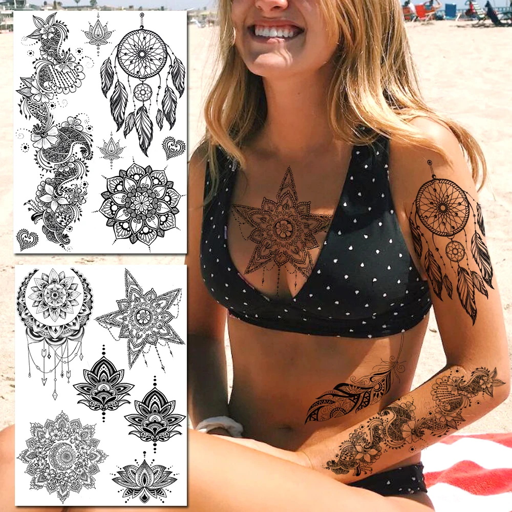 

Women's Fashion Temporary Tattoos Realistic Fake Sexy Black Henna Tatoo For Women Girls Waterproof Mandala Flower Tatoos Sticker