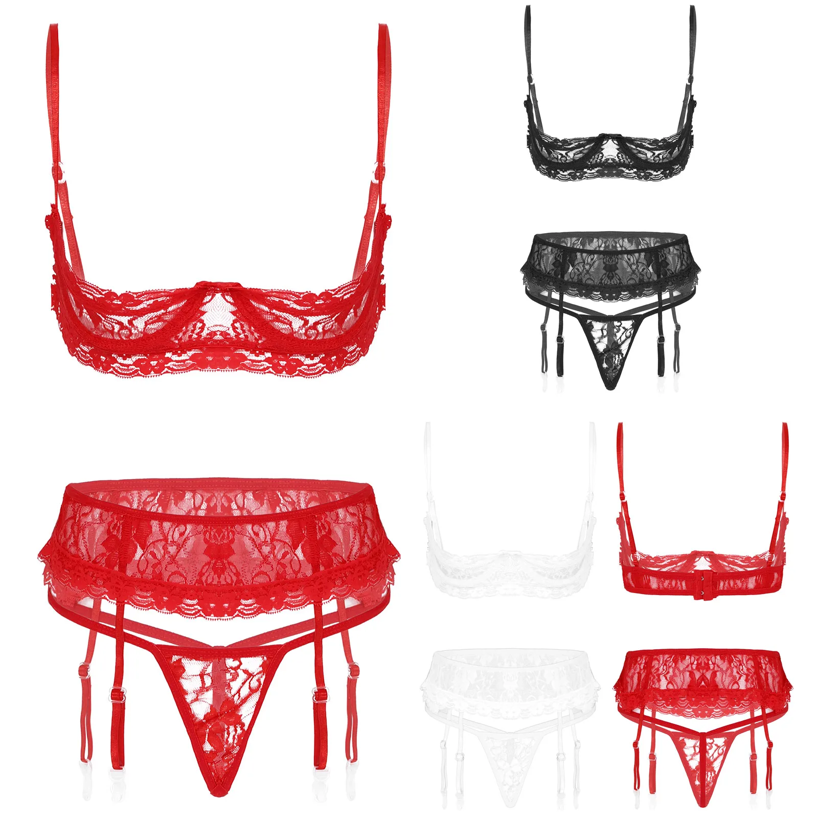 

Женский прозрачный кружевной комплект нижнего белья # S-XXL, сексуальное нижнее белье, бюстгальтер на косточках с открытой чашкой и стрингами ...