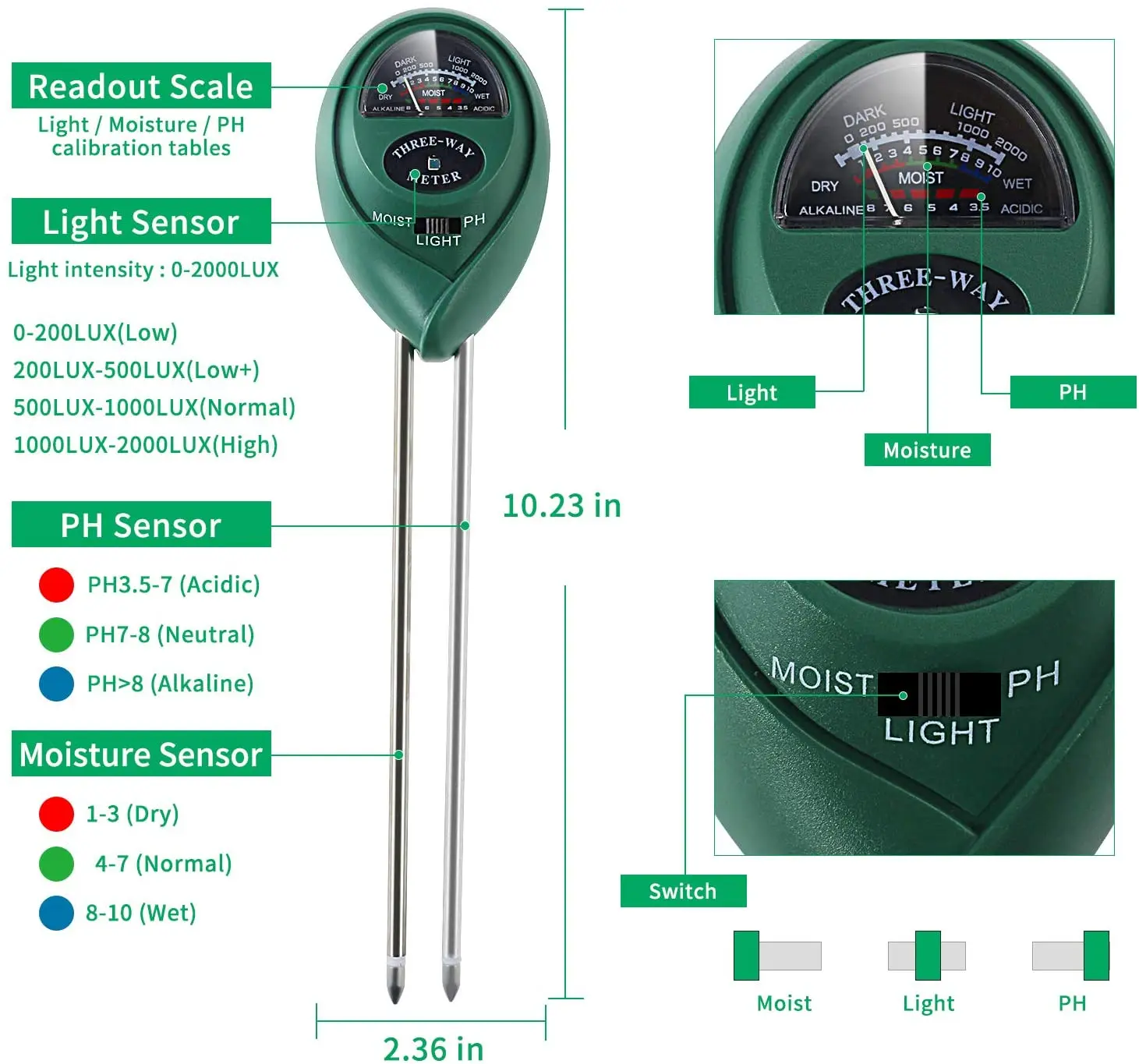 3 в 1 PH почвенный измеритель тестер солнечного света для сада цветов почвы датчик