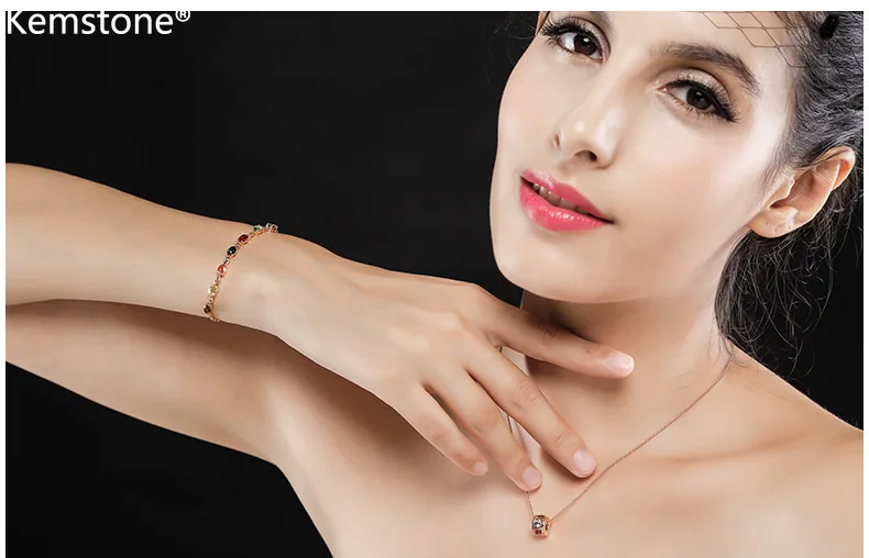 Kemstone Multicolor Oval Zircon Rose Gold Color Copper Charm Link Chain Bracelet Jewelry Gift for Women | Украшения и аксессуары