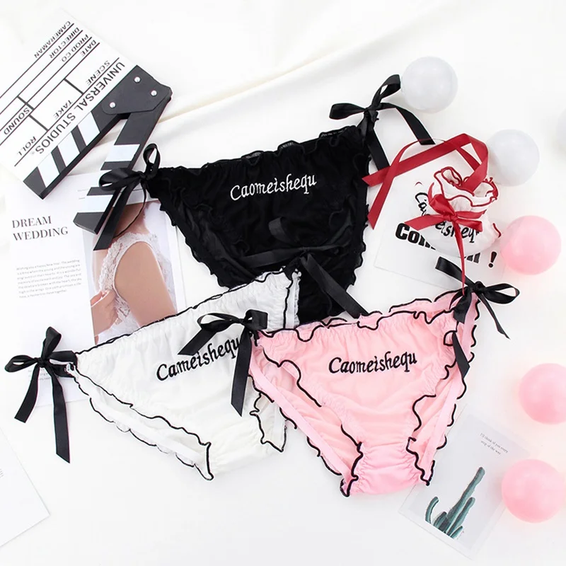 

Японские милые трусики с оборками и мультяшным рисунком, женские хлопковые трусики с бантиком и буквенным рисунком, нижнее белье, W0103