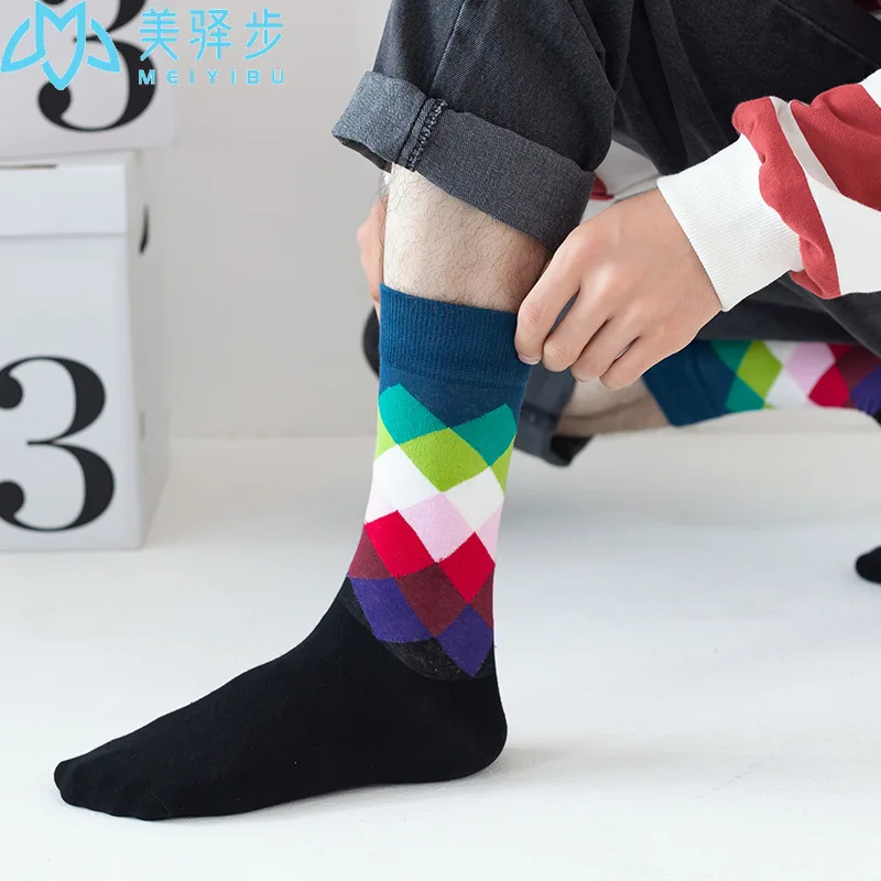 European and American Ins Style Stockings Female Amazon Supply Rhombus Pattern Cotton Fashion Socks Spot Wholesale