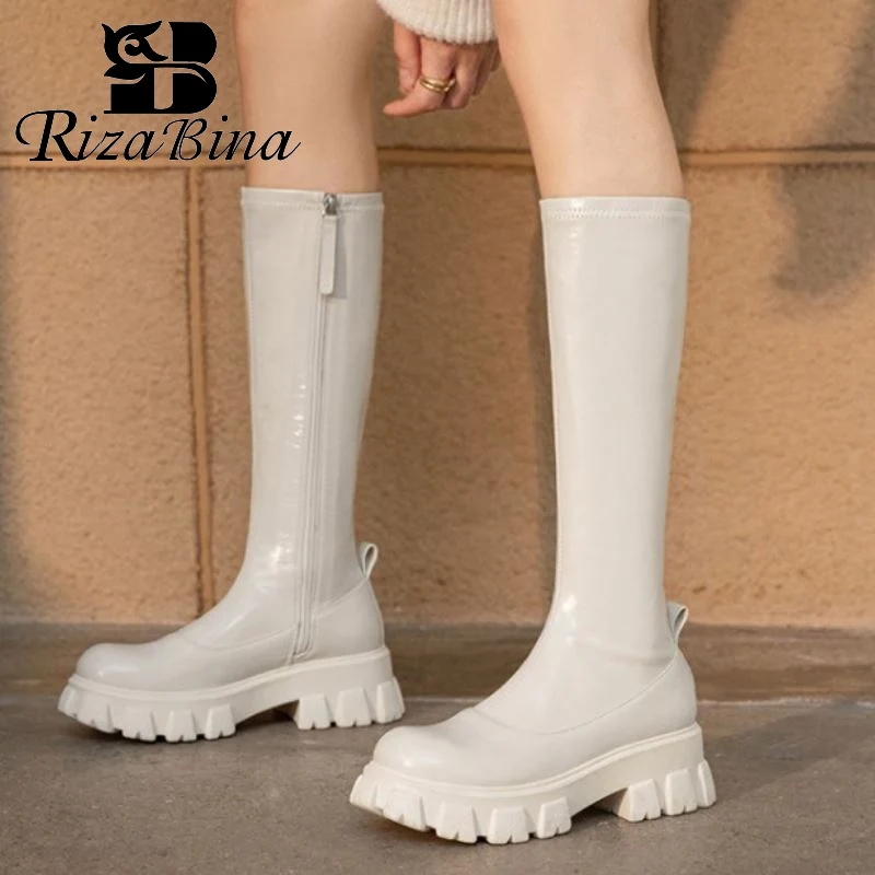 

RIZABINA New Women Knee High Boots Genuine Leather Chunky Ins Style Long Boots Fashion Winter Shoes Woman Footwear Size 34-39