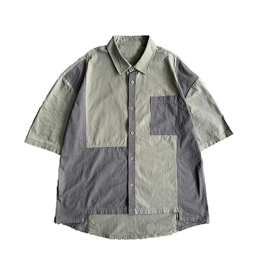 

Harajuku Men's shirts Solid Loose Male shirt blouse Color Block Casual Short Sleeve blouse oversize shirt men streetwear