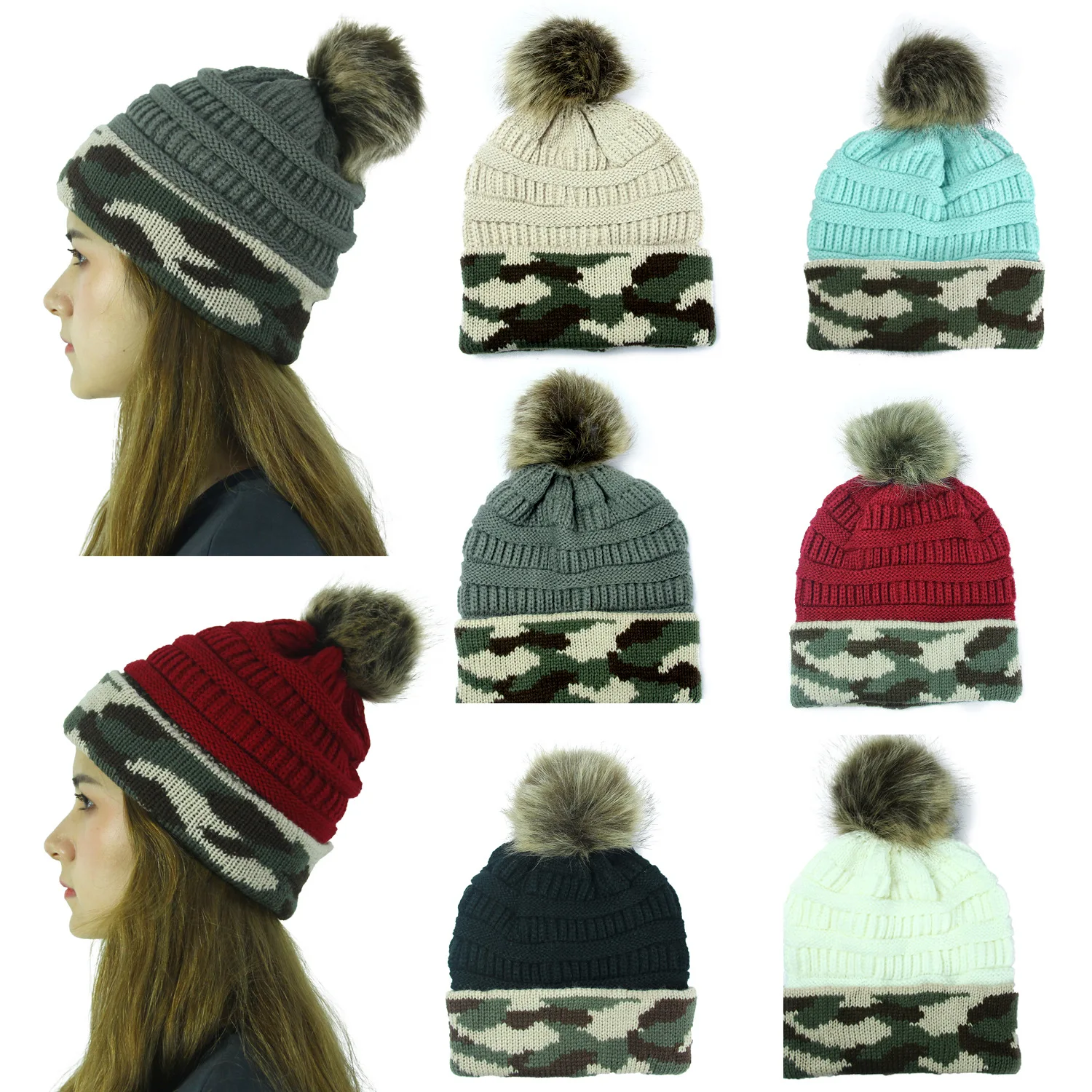Женская шапка с помпоном HanXi, зимняя вязаная шапка для женщин, вязаные крючком шапочки, теплая камуфляжная Лыжная шапка