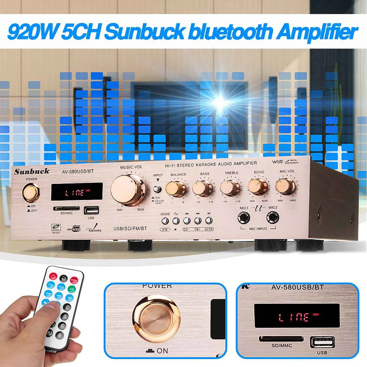 

220v 580BT Bluetooth HiFi Amplifiers Home Amp Stereo AV Surround Digital Amplifier FM Karaoke Cinema 5CH Home Theater Amplifiers