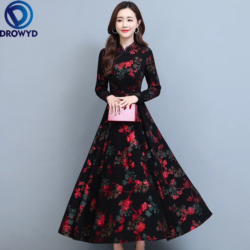

Chinese Style Lady Print Floral Vintage Dress Women Casual Maxi Vestidos 2021 Autumn Winter Elegant Bodycon Party Runway Dresses