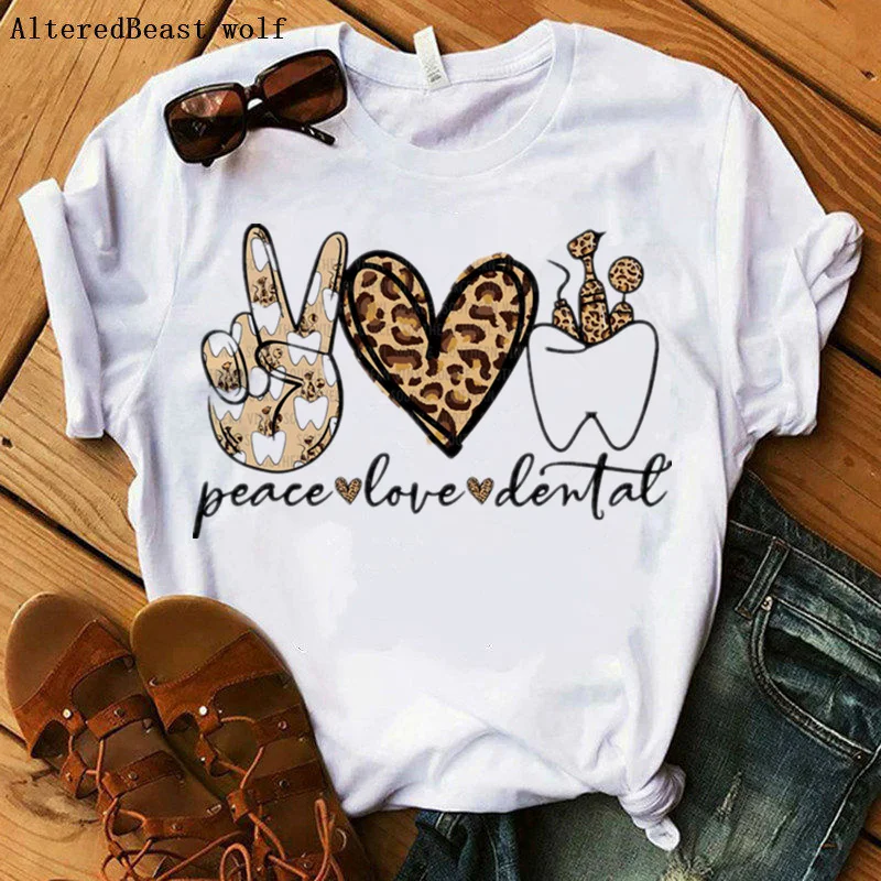 

Dental Squad Women Harajuku T Shirt Leopard Print Short Sleeve Merry Christmas T-shirt Fashion Peace Love Tshirt Female Clothes