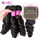 Upretty волос 5x5 Кружева Закрытие с пряди бразильских свободная волна пряди с закрытием человеческие волосы 3 пряди с закрытием