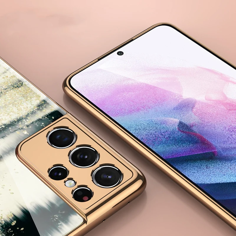 

For Samsung galaxy S21 Plus S21 Ultra 5G Case Plating Soft Frame Marble Hard Glass Protective Back Cover for Galaxy S21