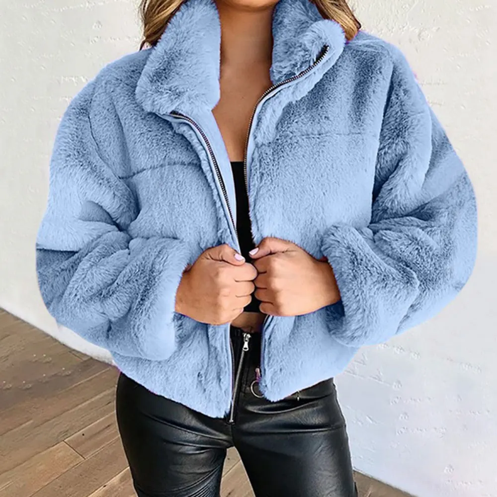 Jocoo Jolee Elegant Plush Crop Jacket Women Casual Faux Fur Coat Winter Tuerleneck Zipper Thicken Warm Outwear Vintage Cardigan