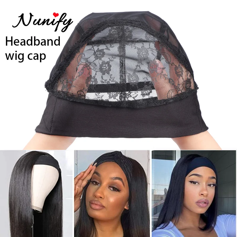 Nunify Black 12Pcs/Lot Headband Wig Caps For Women Wig Making Base Net Wave Cap With Adjustalbe Extra Holder Wig Grip Band Caps